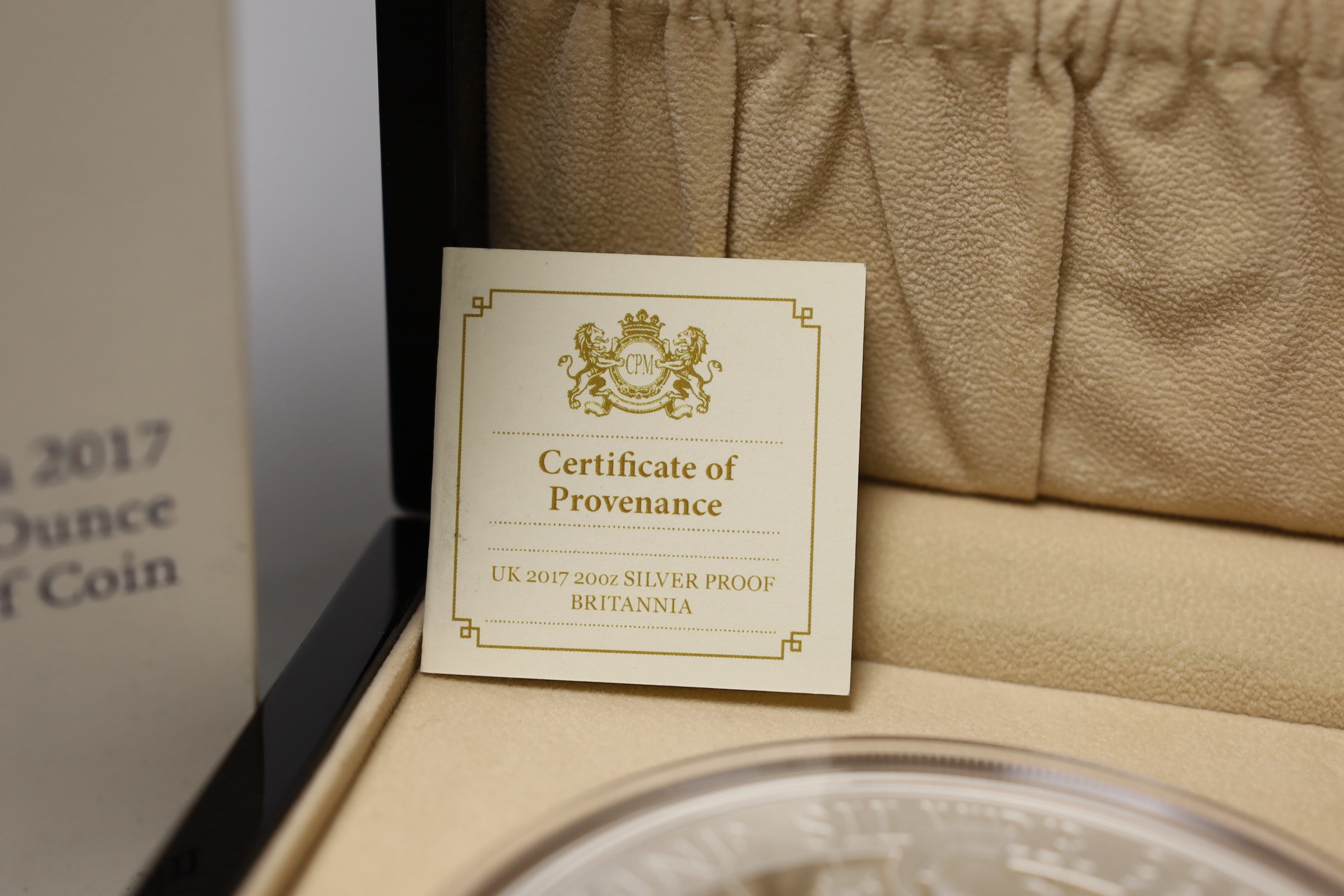 A boxed Royal Mint Britannia 2017 UK Twenty-Ounce silver proof coin